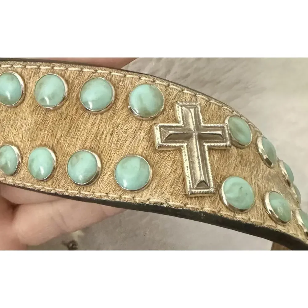 Vintage Hand Tooled Western Belt Turquoise Y2K Cowgirl Grunge Genuine Leather 38
